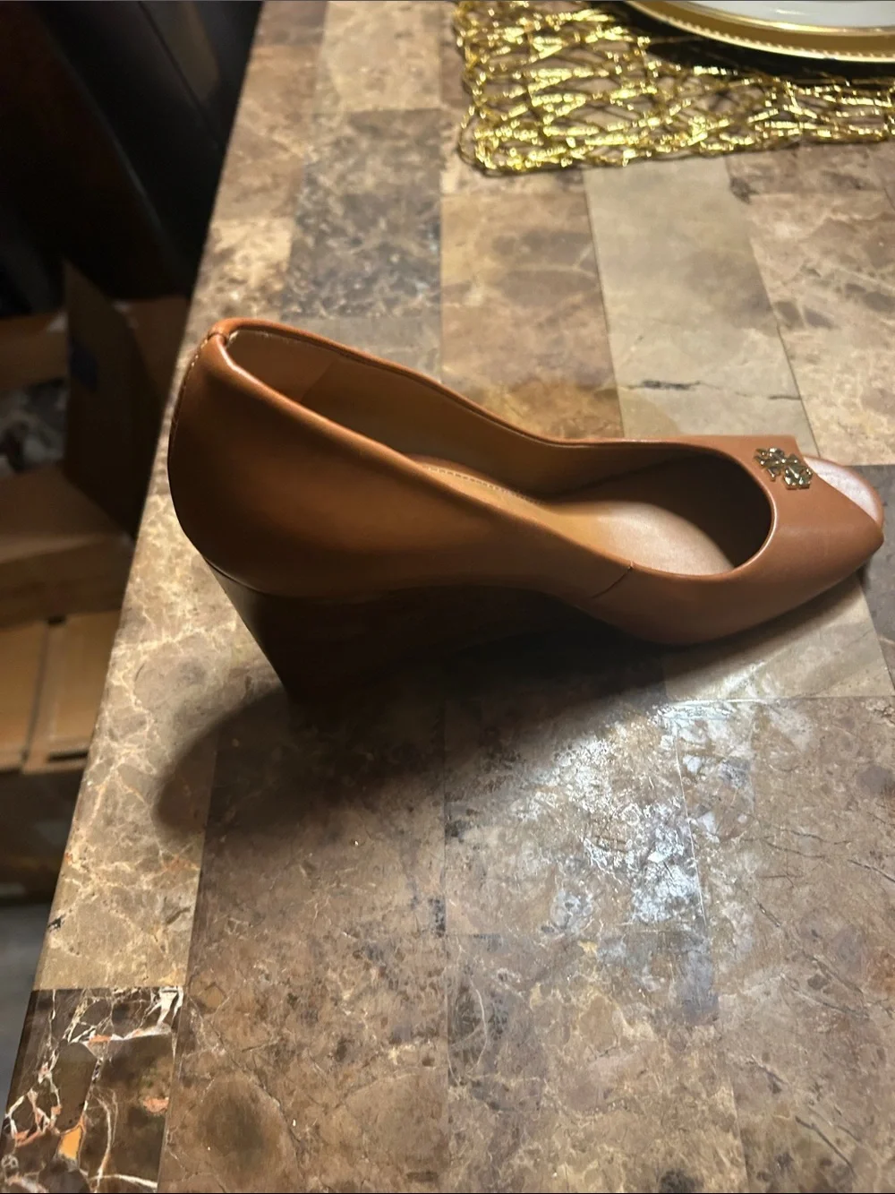 Tory Burch Tan Leather Peep-Toe Heel with Logo Accent